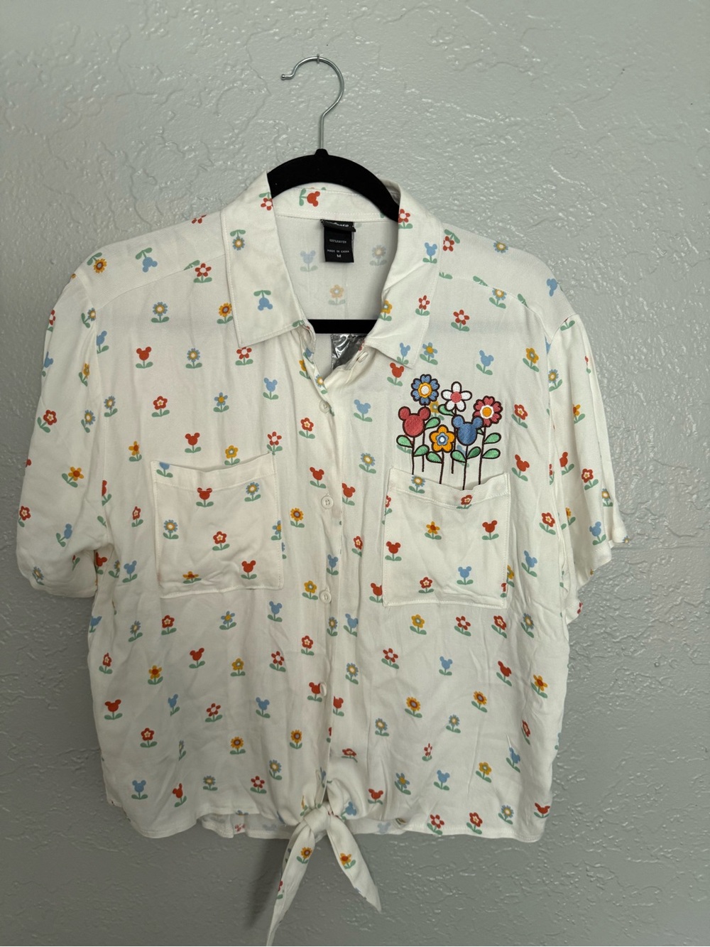 New Micky Mouse Disney Floral Embroidered Button-Up Tie Front Shirt